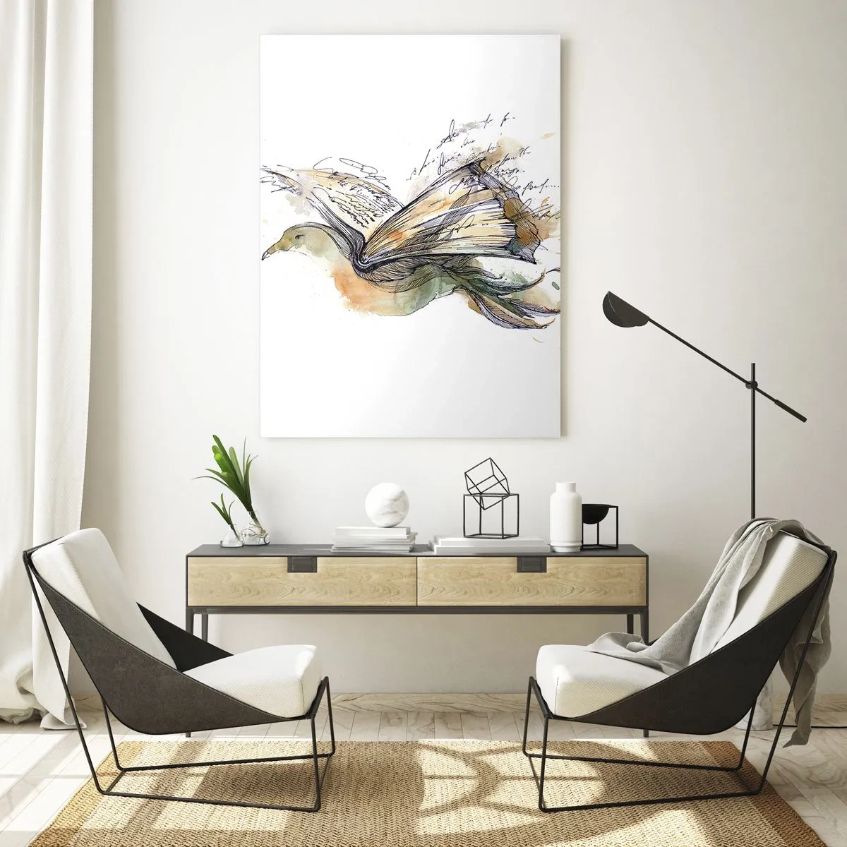 Impression sur verre - Image sur verre - Aquarelle artistique d'un oiseau avec un livre comme ailes - 70x100cm - Sur les ailes de la poésie - Décoration murale moderne pour le salon et la chambre ARTTOR
