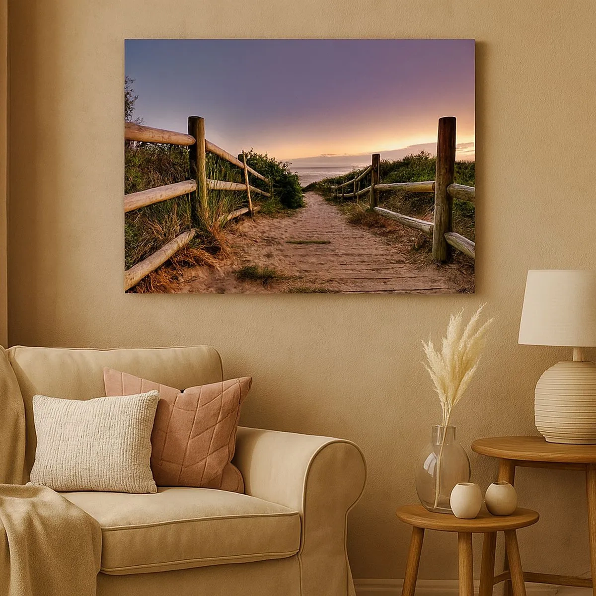 Impression sur toile - Image sur toile - Chemin en bois dans les dunes menant à la plage au coucher du soleil - 70x50cm - On voit déjà le but - Décoration murale moderne pour le salon et la chambre ARTTOR