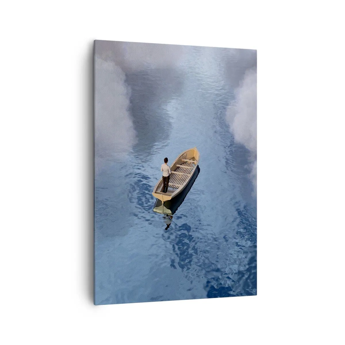 Impression sur toile - Image sur toile - Un homme dans un bateau sur une mer calme entourée de nuages - 70x100cm - Vie – voyage – inconnu - Décoration murale moderne pour le salon et la chambre ARTTOR