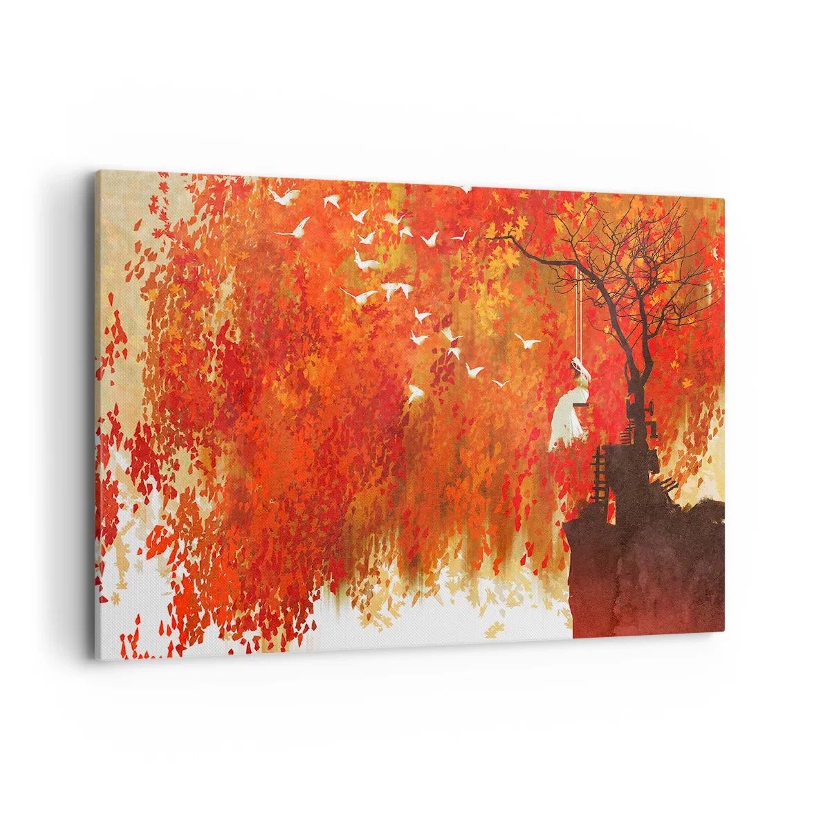 Impression sur toile - Image sur toile - Une silhouette sur une balançoire près d'un arbre entouré de feuilles rouges - 100x70cm - S'envolera-t-il avec eux ? - Décoration murale moderne pour le salon et la chambre ARTTOR