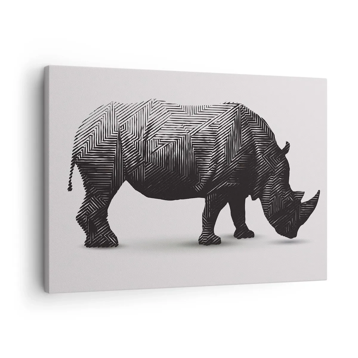 Impression sur toile - Image sur toile - Silhouette graphique d'un rhinocéros dans un motif noir et blanc - 70x50cm - Beauté géométrique de la nature - Décoration murale moderne pour le salon et la chambre ARTTOR