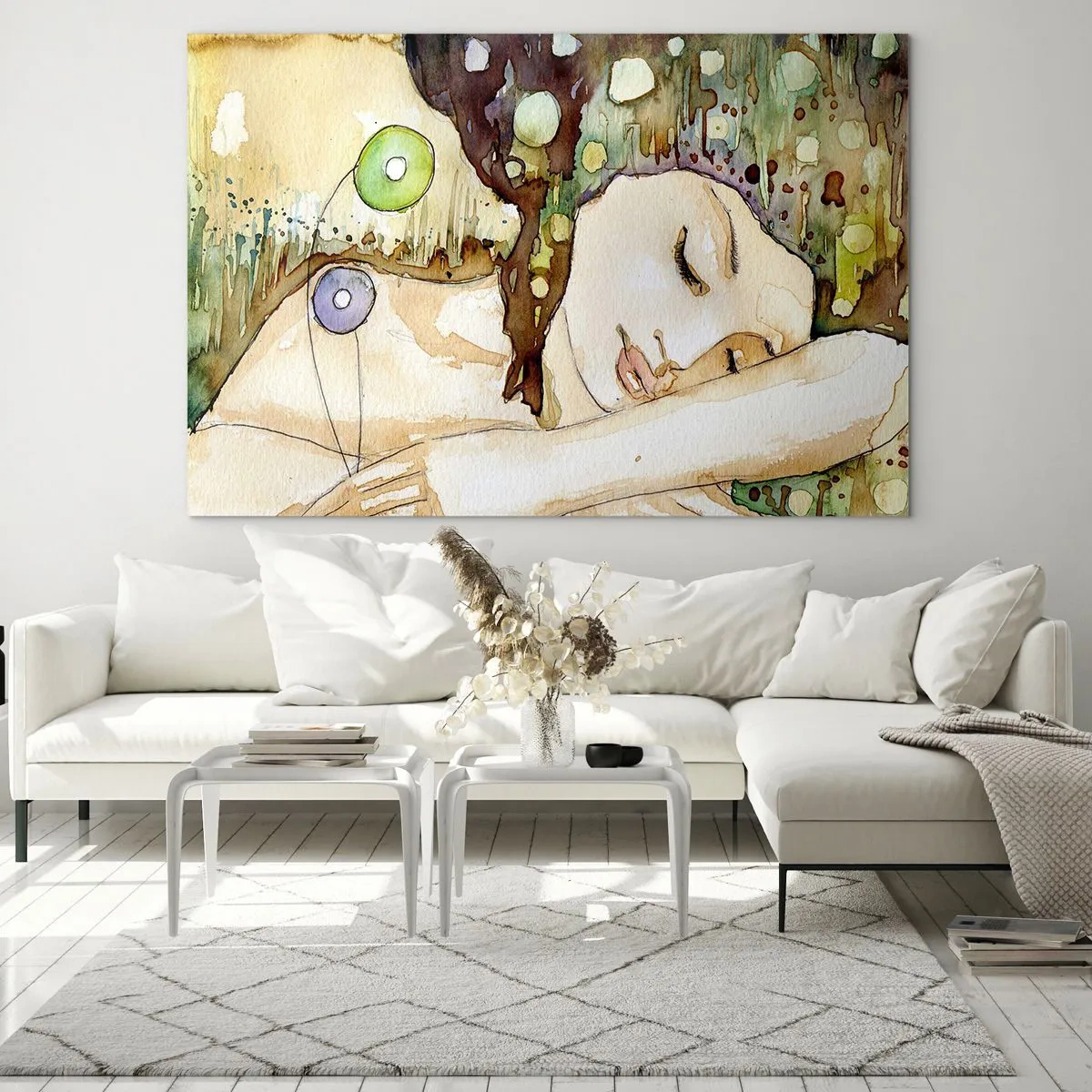 Impression sur verre - Image sur verre - Une femme endormie dans une aquarelle artistique aux couleurs chaudes. - 70x50cm - Un rêve violet émeraude - Décoration murale moderne pour le salon et la chambre ARTTOR