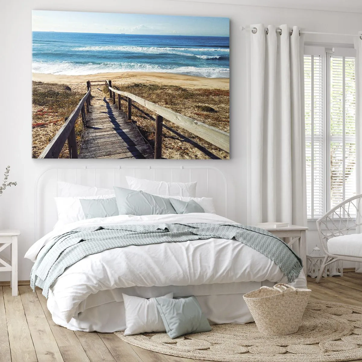 Impression sur toile - Image sur toile - Chemin en bois menant à la plage - 70x50cm - Cours! - Décoration murale moderne pour le salon et la chambre ARTTOR