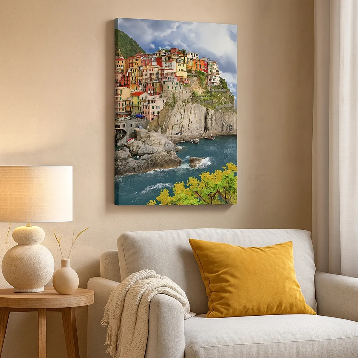 Impression sur toile - Image sur toile - Maisons colorées sur une falaise surplombant la mer aux Cinque Terre - 50x70cm - Un groupe embrassant les rochers - Décoration murale moderne pour le salon et la chambre ARTTOR