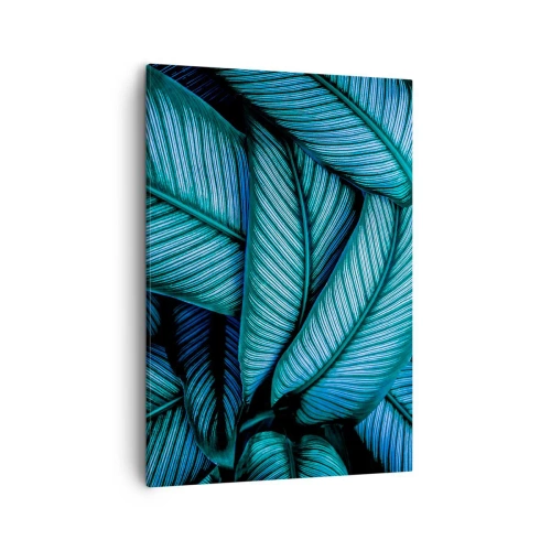 Impression sur toile - Image sur toile - Un gros plan de feuilles turquoise avec des détails vifs. - 50x70cm - Lignes de vie - Décoration murale moderne pour le salon et la chambre ARTTOR