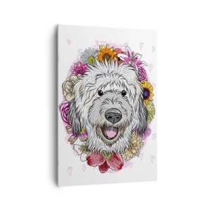 Impression sur toile - Image sur toile - Un chien entouré de fleurs colorées - 70x100cm - La joie du chiot - Décoration murale moderne pour le salon et la chambre ARTTOR
