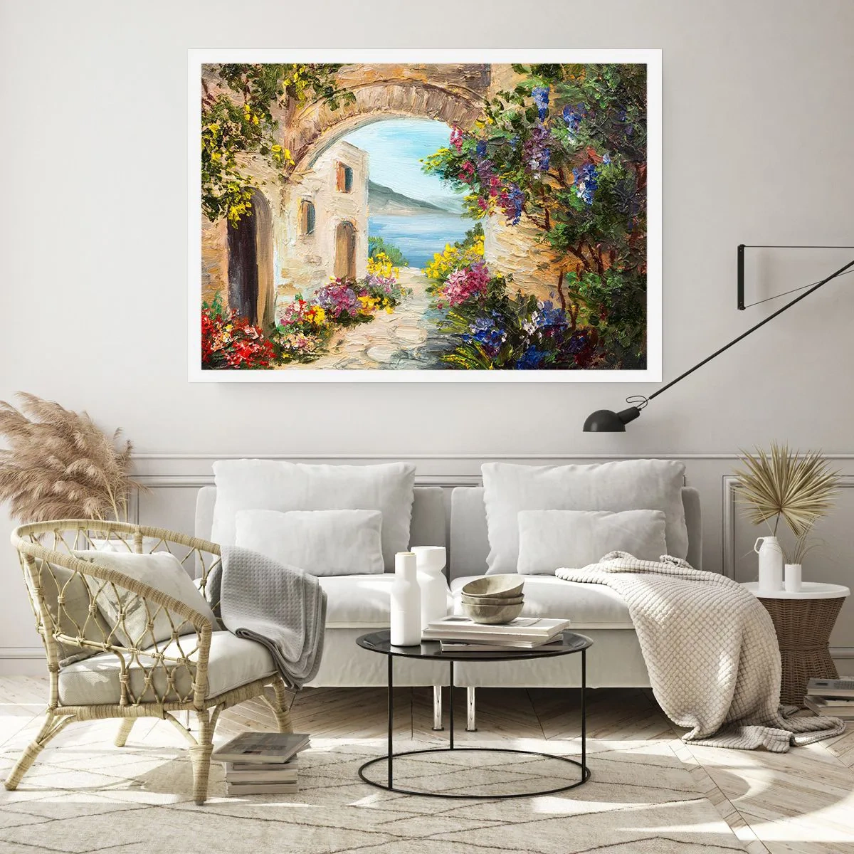 Affiche - Poster - Paysage de bord de mer avec des bâtiments en pierre et des fleurs - 100x70cm - Le charme d'une province côtière - Décoration murale moderne pour le salon et la chambre ARTTOR
