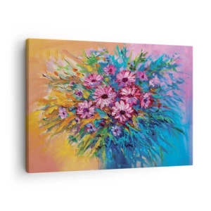 Impression sur toile - Image sur toile - Fleurs colorées dans un bouquet sur un fond de couleur pastel - 70x50cm - Énergie de la vie - Décoration murale moderne pour le salon et la chambre ARTTOR
