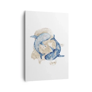 Impression sur toile - Image sur toile - Baleines bleues abstraites sur fond clair - 70x100cm - Amis ou amoureux? - Décoration murale moderne pour le salon et la chambre ARTTOR