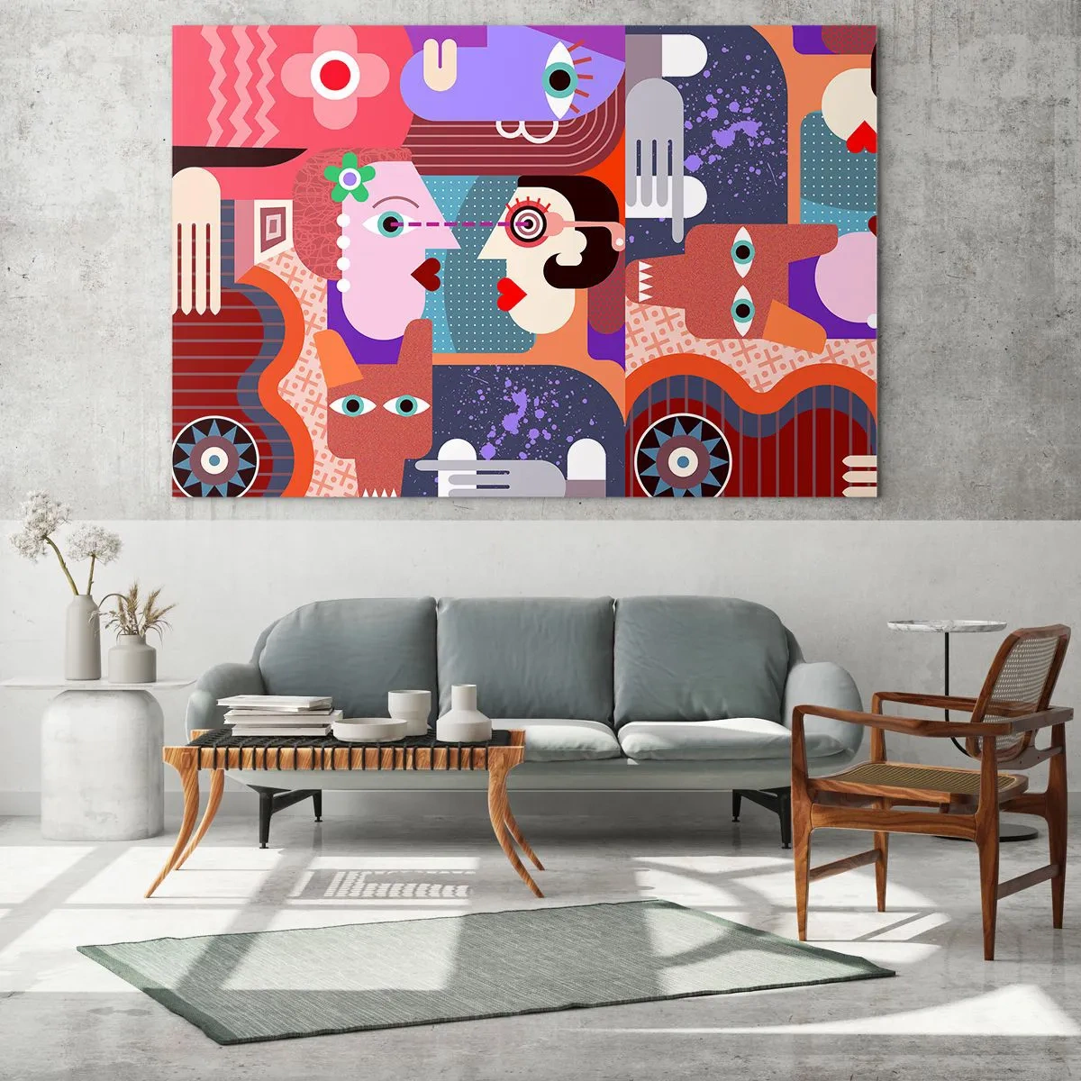 Impression sur verre - Image sur verre - Une composition abstraite de visages et de formes aux couleurs intenses. - 70x50cm - Les yeux dans les yeux - Décoration murale moderne pour le salon et la chambre ARTTOR