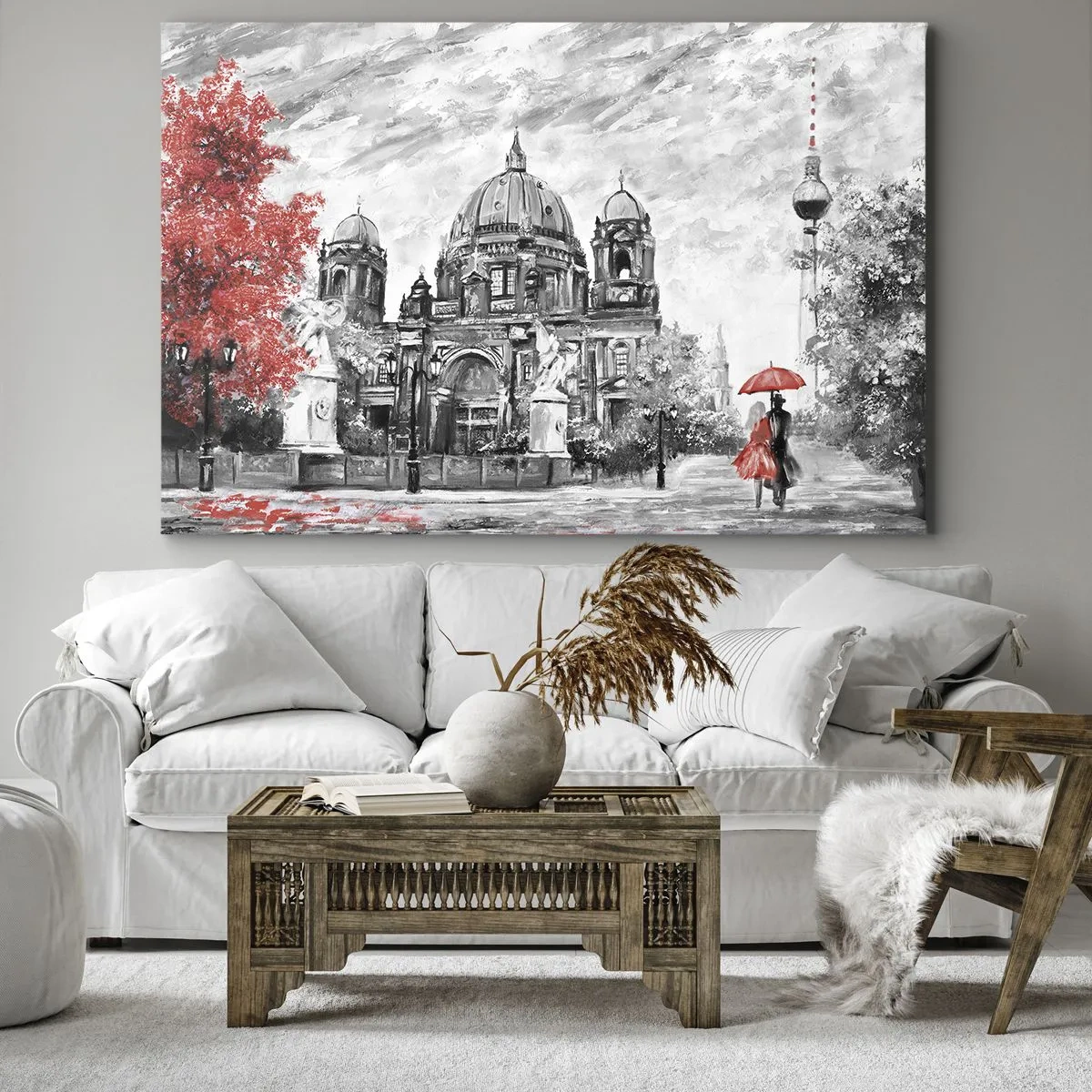 Impression sur toile - Image sur toile - Scène en noir et blanc avec Berlin, un parapluie rouge et un arbre - 100x70cm - Rencontre berlinoise - Décoration murale moderne pour le salon et la chambre ARTTOR