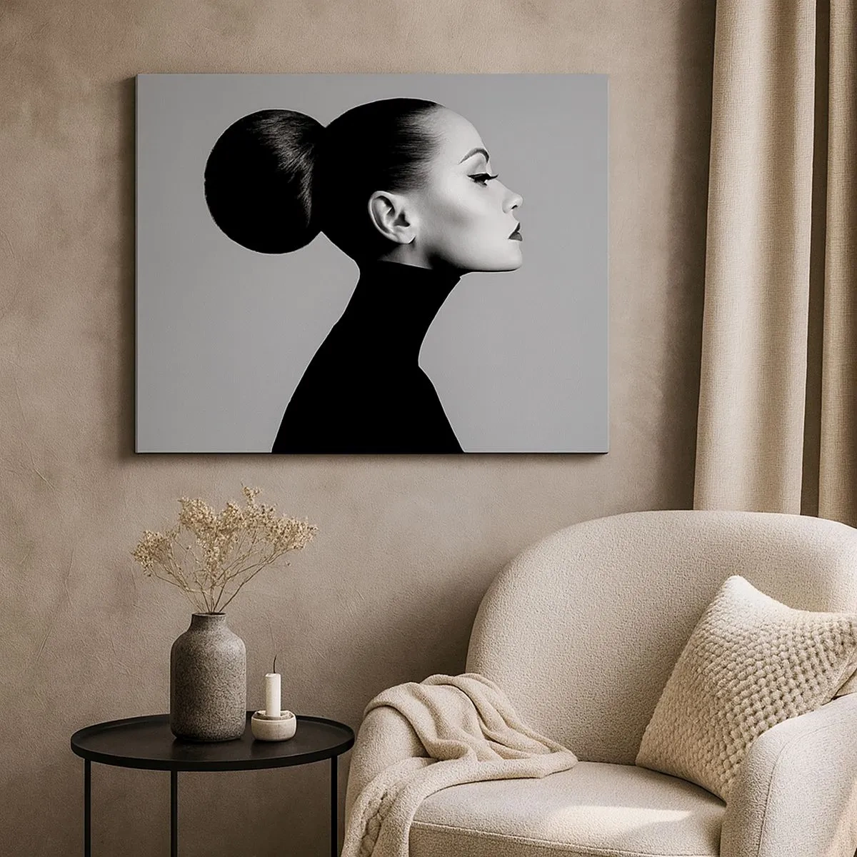 Impression sur toile - Image sur toile - Profil d'une femme en noir et blanc avec un chignon élégant - 70x50cm - Néfertiti moderne - Décoration murale moderne pour le salon et la chambre ARTTOR