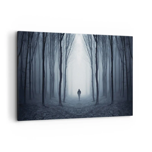 Impression sur toile - Image sur toile - Une silhouette marchant parmi les arbres dans une forêt brumeuse - 100x70cm - Tout est simple et clair - Décoration murale moderne pour le salon et la chambre ARTTOR