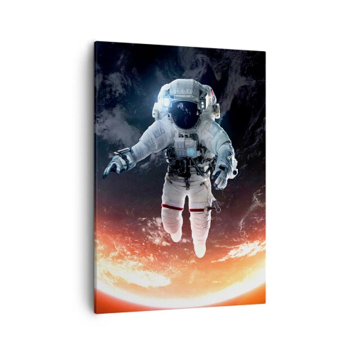 Impression sur toile - Image sur toile - Un astronaute flottant au-dessus d'une Terre éclairée par le soleil - 50x70cm - Puis-je rester un peu plus longtemps ? - Décoration murale moderne pour le salon et la chambre ARTTOR