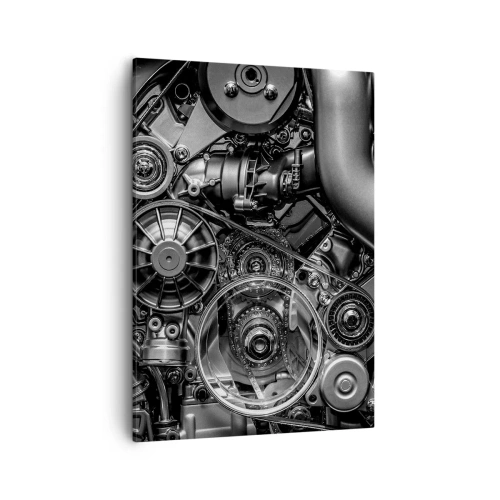 Impression sur toile - Image sur toile - Gros plan noir et blanc des détails mécaniques d'un moteur de voiture. - 50x70cm - Poésie mécanique - Décoration murale moderne pour le salon et la chambre ARTTOR