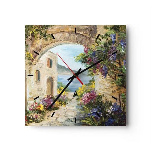 Horloge murale - Pendule murale - Paysage de bord de mer avec des bâtiments en pierre et des fleurs - 30x30cm - Le charme d'une province côtière - Décoration murale moderne pour le salon et la chambre ARTTOR
