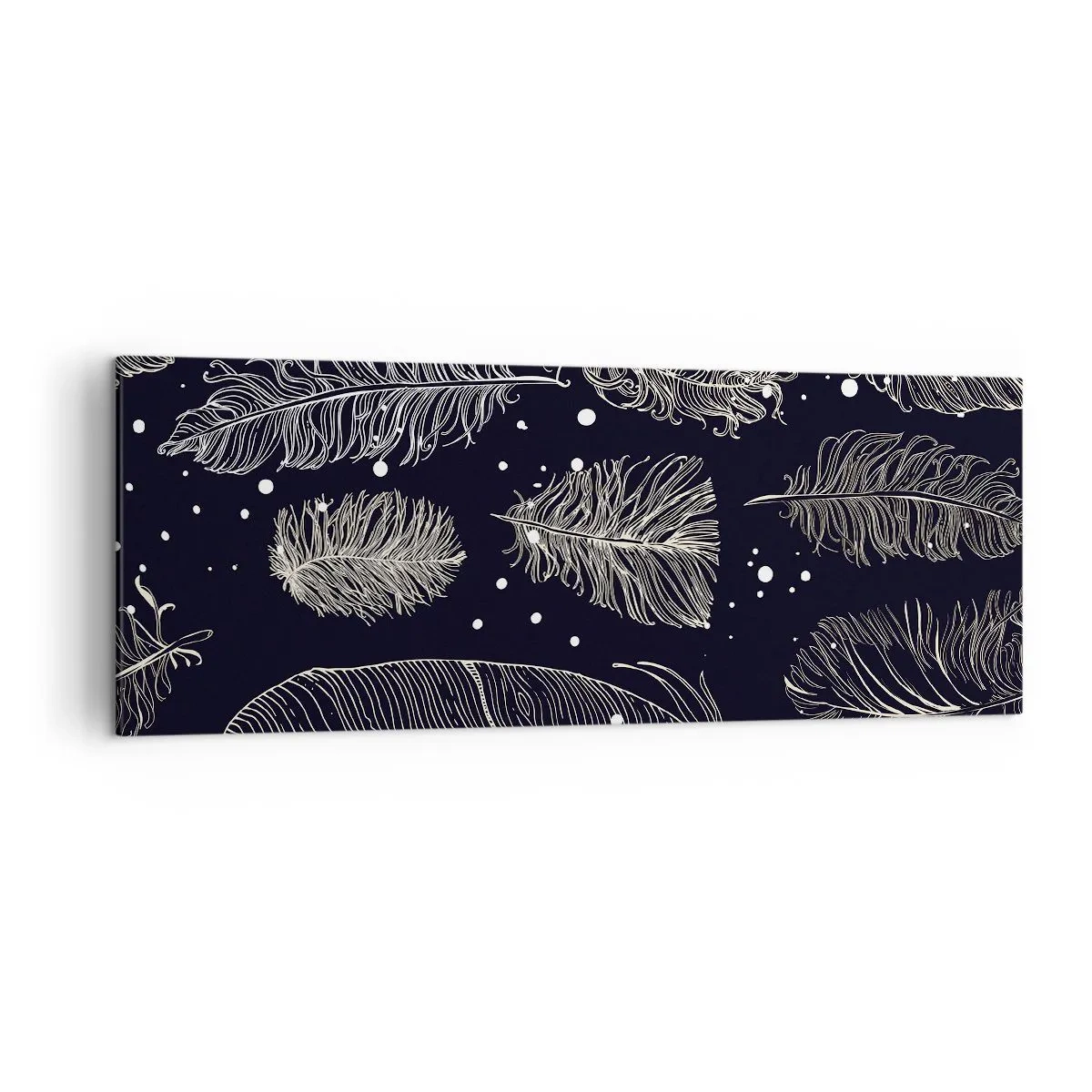 Impression sur toile - Image sur toile - Plumes blanches délicates sur fond bleu marine - 140x50cm - Toile de plumes - Décoration murale moderne pour le salon et la chambre ARTTOR