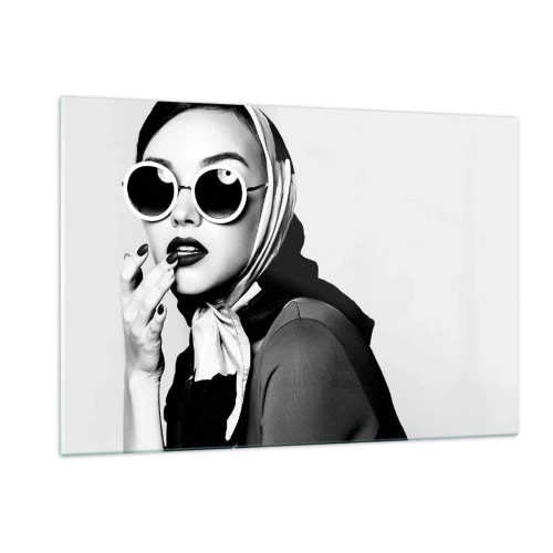 Impression sur verre - Image sur verre - Femme élégante avec des lunettes et un foulard noir et blanc - 120x80cm - Salutations des années 60 - Décoration murale moderne pour le salon et la chambre ARTTOR