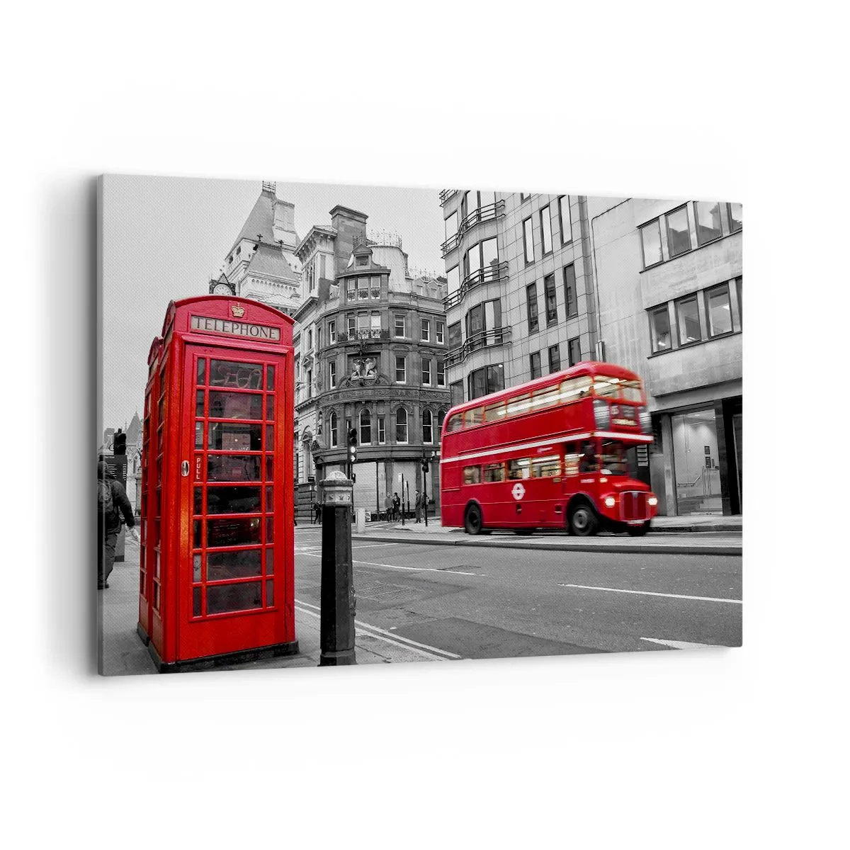 Impression sur toile - Image sur toile - Une cabine téléphonique rouge et un bus à impériale à Londres avec la ville en arrière-plan - 120x80cm - Le plus rouge d'Europe - Décoration murale moderne pour le salon et la chambre ARTTOR