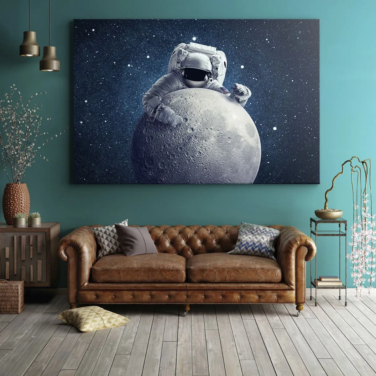 Impression sur toile - Image sur toile - Astronaute tenant la lune dans un ciel étoilé - 120x80cm - Comique de l'espace - Décoration murale moderne pour le salon et la chambre ARTTOR