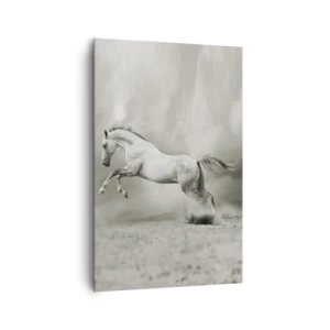 Impression sur toile - Image sur toile - Un cheval blanc dans un saut dynamique sur fond de nuages brumeux. - 80x120cm - Entre le réveil et le sommeil - Décoration murale moderne pour le salon et la chambre ARTTOR