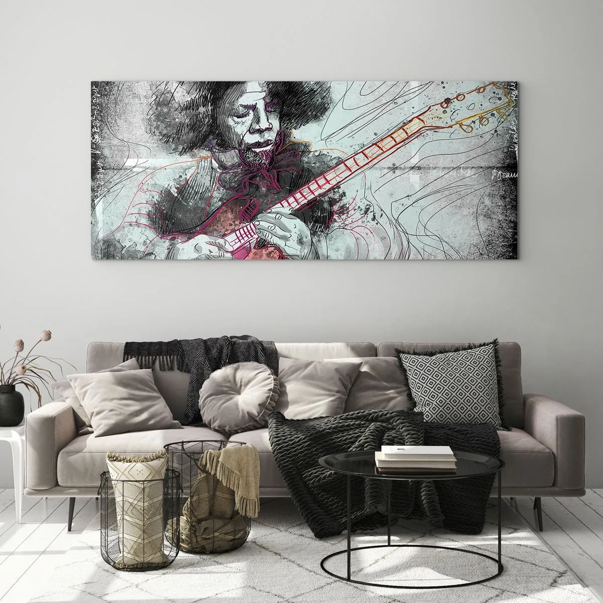 Impression sur verre - Image sur verre - Portrait artistique d'un guitariste en technique d'esquisse - 160x50cm - Sur les vagues de la musique - Décoration murale moderne pour le salon et la chambre ARTTOR