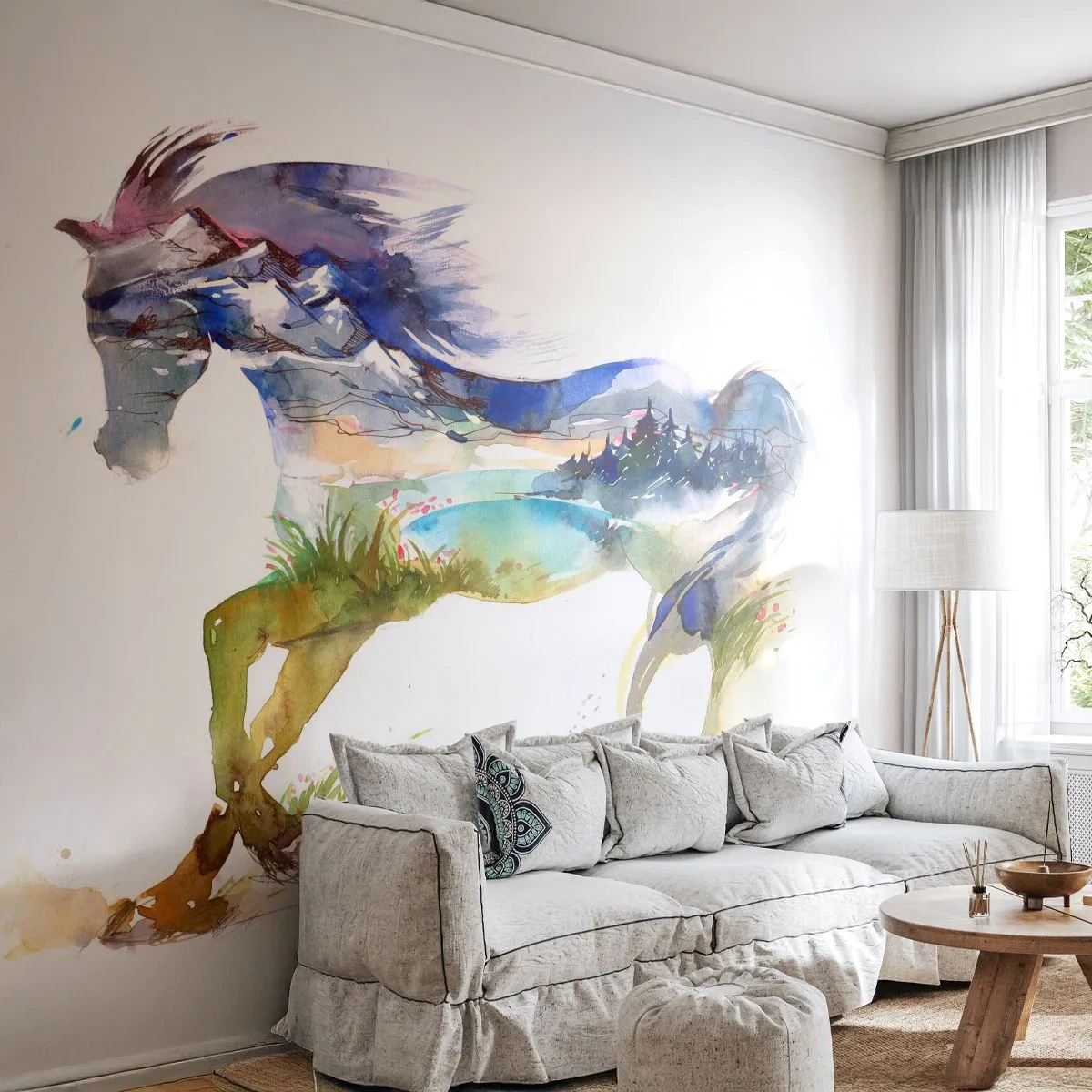 Papier Peint Autocollant Deluxe Sticker - De la prairie directement au ciel - Cheval, Abstraction, Paysage - 250x175 cm