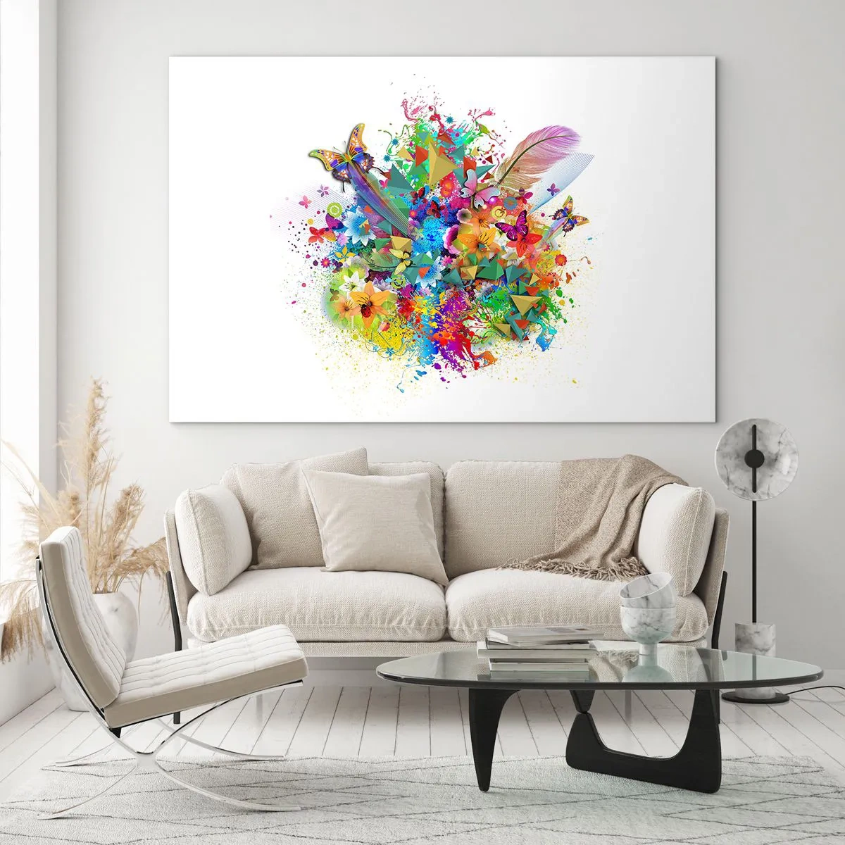 Impression sur verre - Image sur verre - Abstraction colorée avec des papillons, des fleurs et des plumes sur fond blanc - 120x80cm - Un bouquet de joie - Décoration murale moderne pour le salon et la chambre ARTTOR