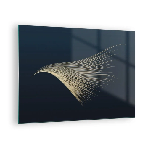 Impression sur verre - Image sur verre - Une ligne dorée ressemblant à une aile sur un fond bleu marine - 70x50cm - Comme les cheveux d'un ange - Décoration murale moderne pour le salon et la chambre ARTTOR