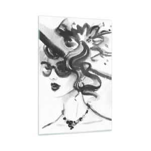 Impression sur verre - Image sur verre - Femme élégante avec un chapeau de style noir et blanc - 80x120cm - Une dame de caractère - Décoration murale moderne pour le salon et la chambre ARTTOR