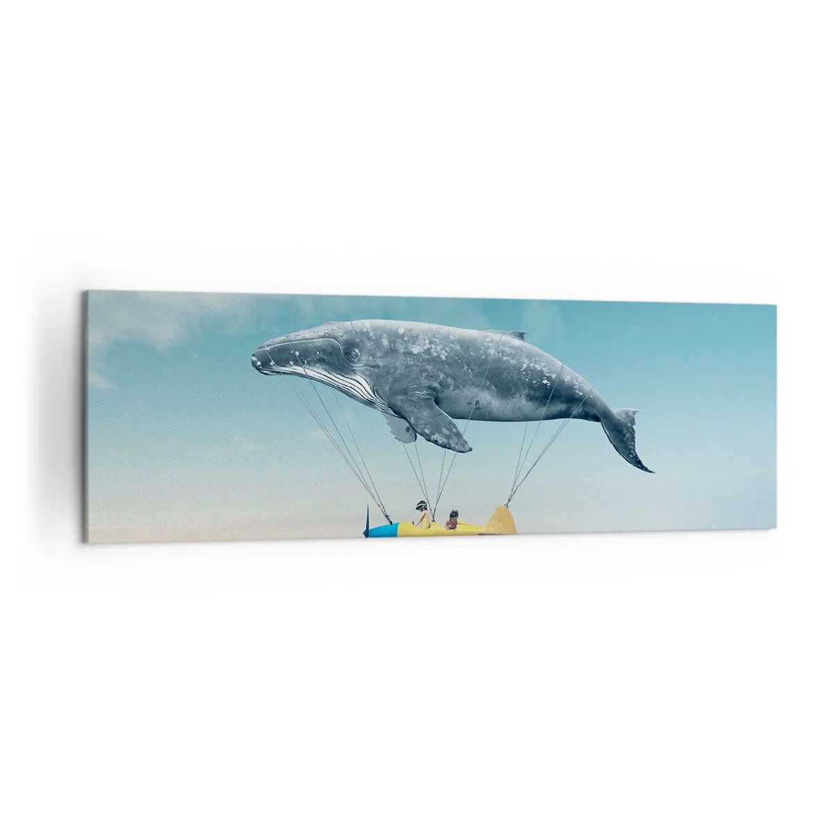 Impression sur toile - Image sur toile - Une baleine volante transporte un avion dans un décor surréaliste. - 160x50cm - Pourquoi pas? - Décoration murale moderne pour le salon et la chambre ARTTOR