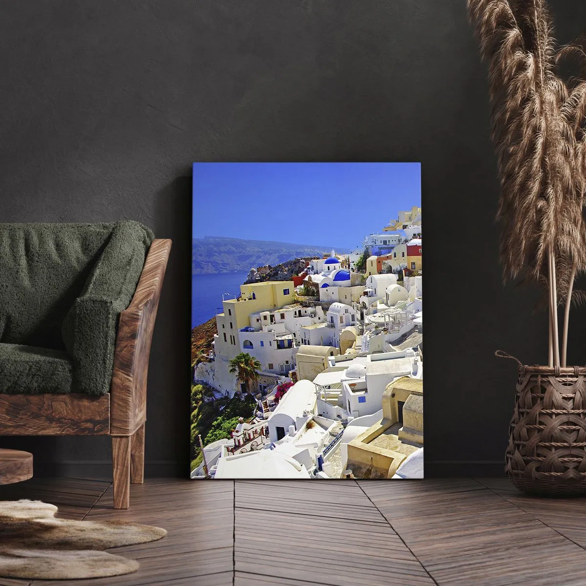 Impression sur toile - Image sur toile - Panorama de Santorin avec des maisons blanches et un ciel bleu - 50x70cm - Le rêve d'un été grec - Décoration murale moderne pour le salon et la chambre ARTTOR