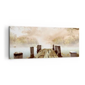 Impression sur toile - Image sur toile - Une jetée en bois menant à un lac calme dans la brume matinale - 120x50cm - La douce tristesse de l'automne - Décoration murale moderne pour le salon et la chambre ARTTOR