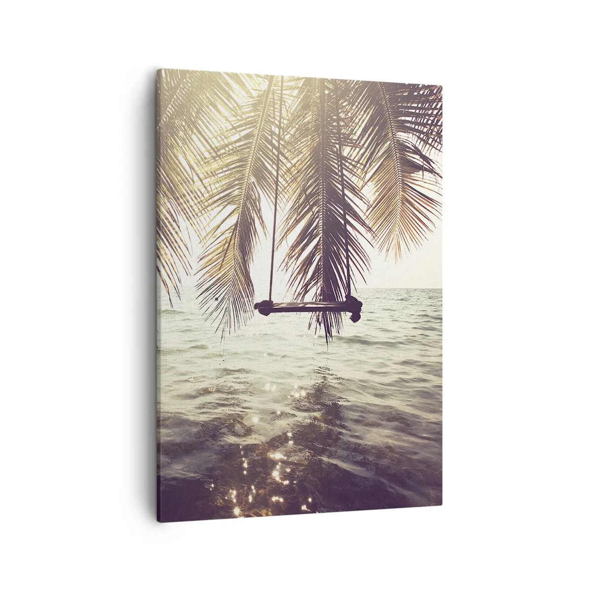 Impression sur toile - Image sur toile - Palmier avec une balançoire au-dessus de l'eau au soleil - 50x70cm - Vous pouvez vous balancer dans les nuages