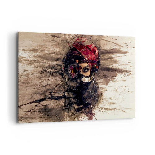 Impression sur toile - Image sur toile - Portrait artistique d'une femme en tenue orientale sur fond abstrait. - 120x80cm - Inquiétant, c'est le moins qu'on puisse dire - Décoration murale moderne pour le salon et la chambre ARTTOR