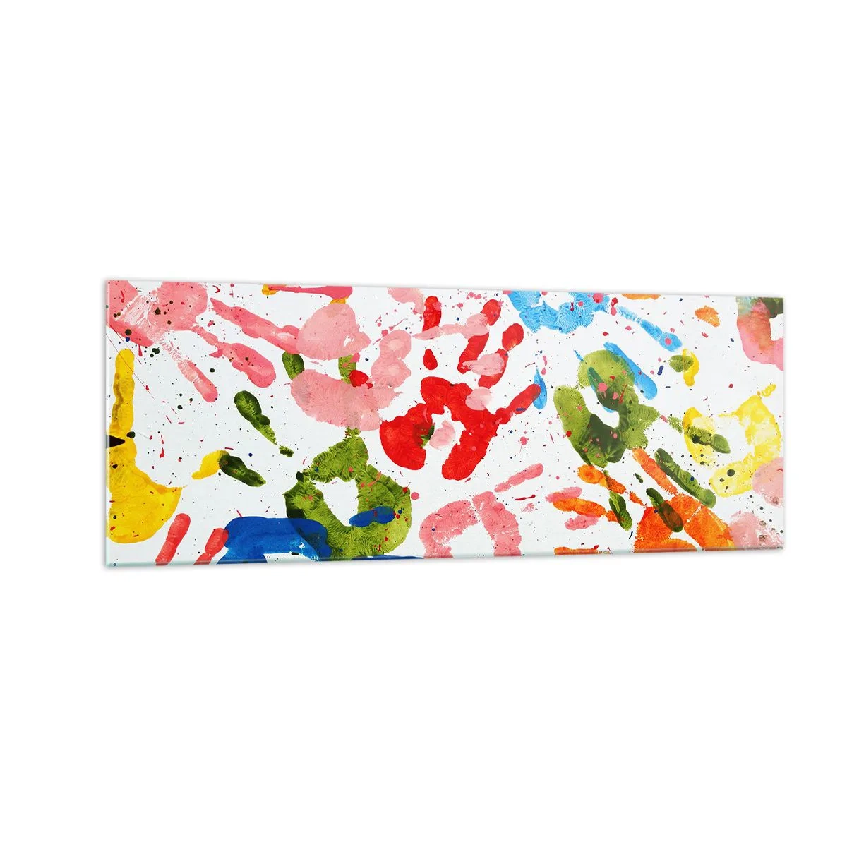 Impression sur verre - Image sur verre - Empreintes de mains colorées sur fond blanc - 140x50cm - Suivez les traces - Décoration murale moderne pour le salon et la chambre ARTTOR