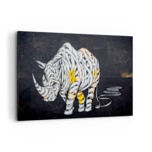 Impression sur toile - Image sur toile - Un rhinocéros sculpté avec des rayures abstraites sur un fond sombre. - 120x80cm - La peau épaisse est un mythe - Décoration murale moderne pour le salon et la chambre ARTTOR