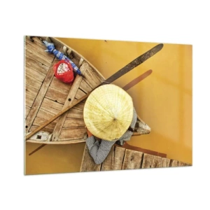 Impression sur verre - Image sur verre - Vue de dessus d'un bateau et d'une personne portant un chapeau conique - 100x70cm - La vie sur le fleuve Jaune - Décoration murale moderne pour le salon et la chambre ARTTOR