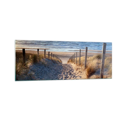 Impression sur verre - Image sur verre - Chemin à travers les dunes menant à la plage - 140x50cm - Le bruit de la mer, le chant des oiseaux, une plage sauvage parmi les herbes… - Décoration murale moderne pour le salon et la chambre ARTTOR