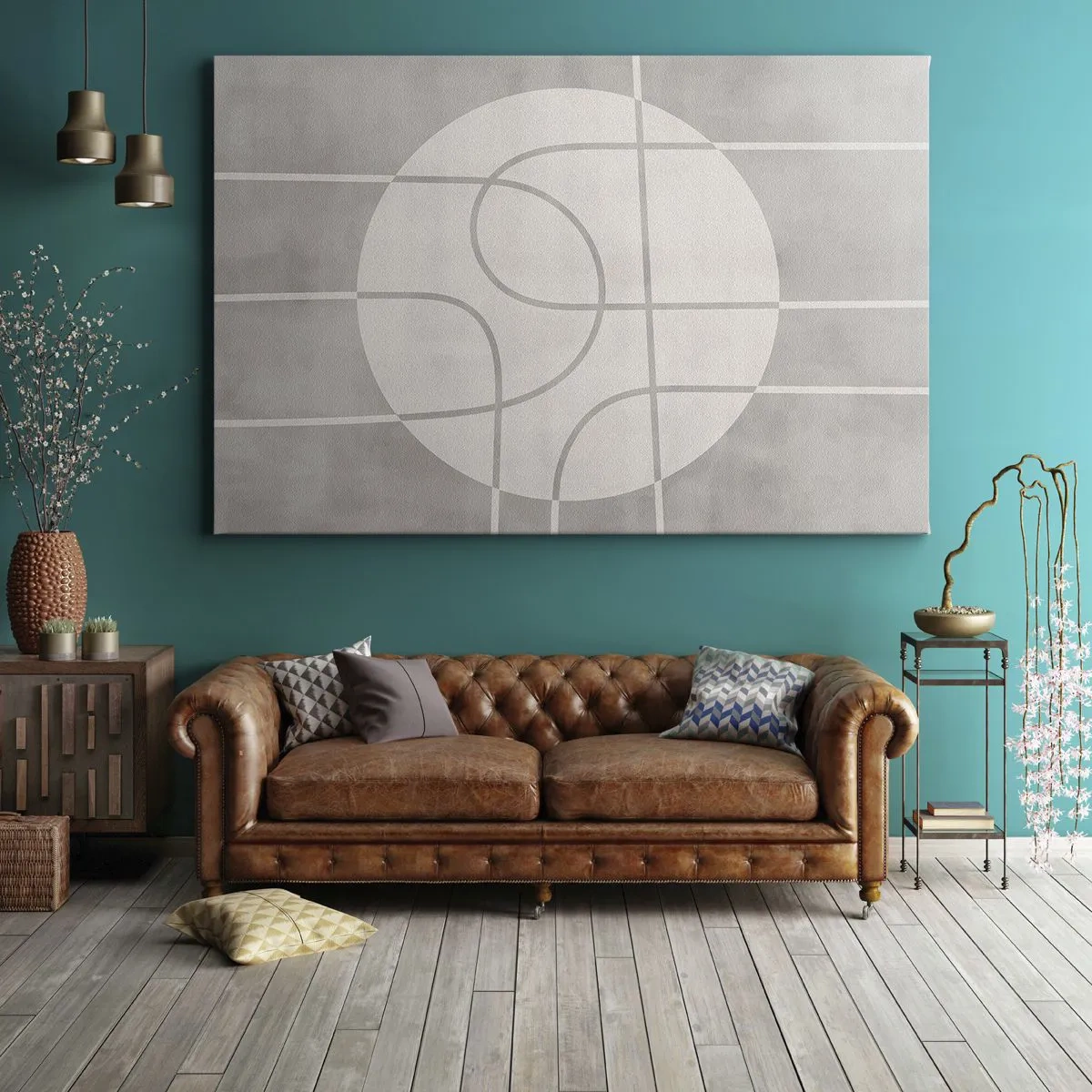 Impression sur toile - Image sur toile - Motif géométrique dans les tons de gris et de blanc - 70x50cm - Circulaire et tout droit - Décoration murale moderne pour le salon et la chambre ARTTOR