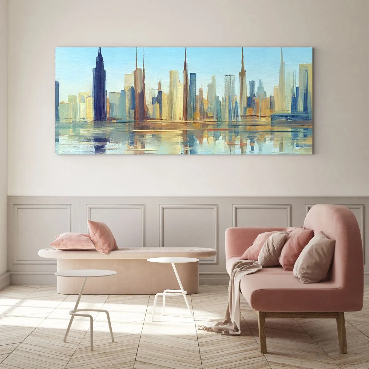 Impression sur verre - Image sur verre - Un panorama de la ville aux couleurs chaudes avec reflet dans l'eau - 140x50cm - Une métropole ensoleillée - Décoration murale moderne pour le salon et la chambre ARTTOR