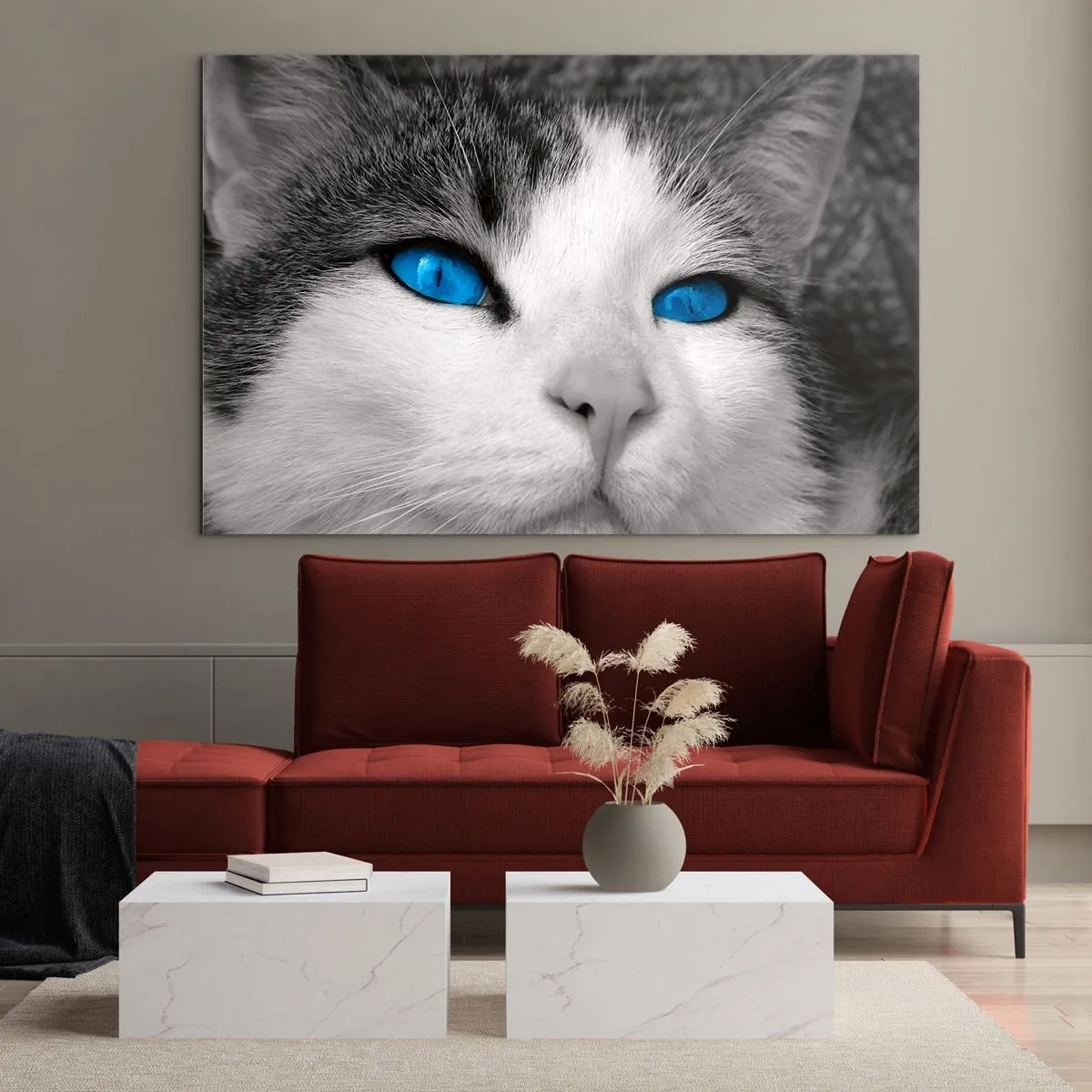 Impression sur verre - Image sur verre - Une photo en noir et blanc d'un chat aux yeux bleus intenses. - 120x80cm - Yeux bleus inhabituels - Décoration murale moderne pour le salon et la chambre ARTTOR