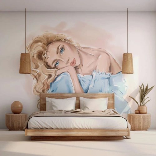 Papier Peint Photo Premium Canvas - Rêveuse en bleu - Femme, Mode, Graphique - 300x210 cm