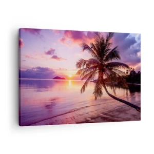 Impression sur toile - Image sur toile - Plage tropicale avec palmier au coucher du soleil - 70x50cm - Le bonheur à l'horizon - Décoration murale moderne pour le salon et la chambre ARTTOR