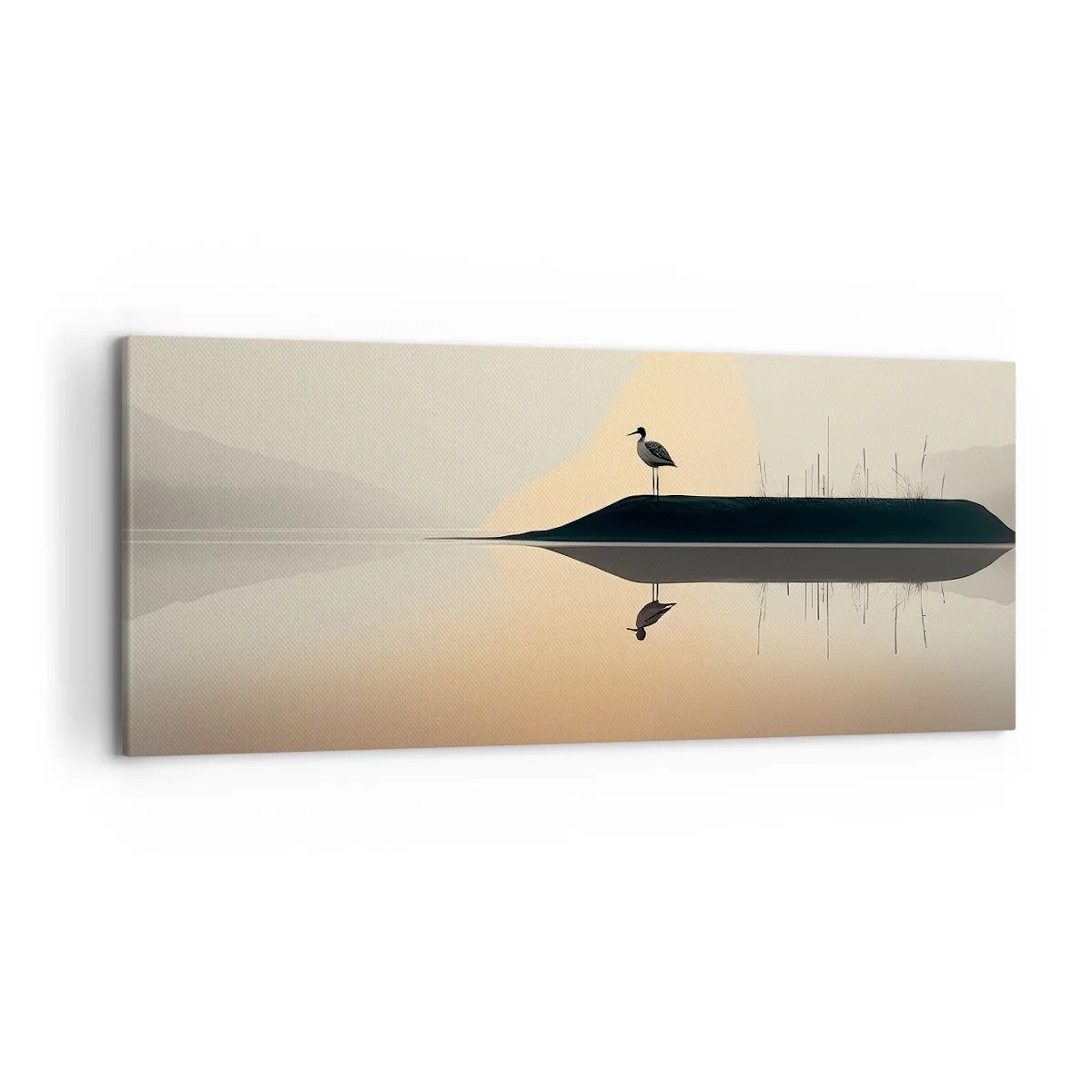 Impression sur toile - Image sur toile - Un oiseau sur une île dans un lac calme aux teintes chaudes - 120x50cm - Le seigneur du lac - Décoration murale moderne pour le salon et la chambre ARTTOR