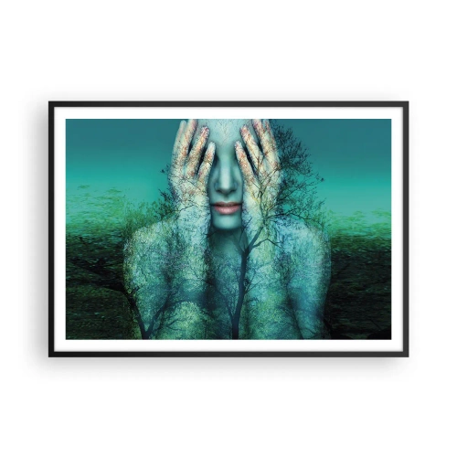 Affiche dans un cadre noir - Poster - Une figure de femme avec un motif d'arbre sur un fond de paysage turquoise - 100x70cm - immergé dans l'azur - Décoration murale moderne pour le salon et la chambre ARTTOR
