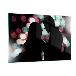Impression sur verre - Image sur verre - Silhouettes d'un couple sur fond de lumières bokeh colorées - 120x80cm - Oui! - Décoration murale moderne pour le salon et la chambre ARTTOR