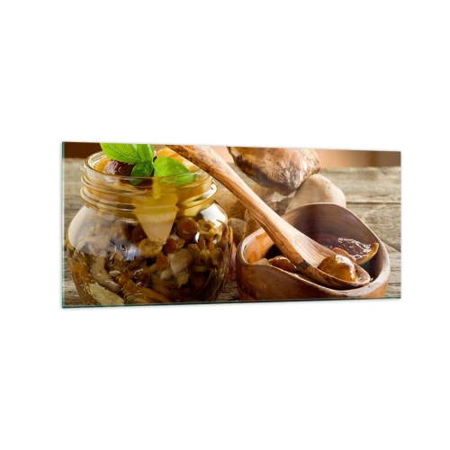 Impression sur verre - Image sur verre - Champignons naturels dans un bocal sur une table rustique - 120x50cm - Que ce soit frais ou salé, ou en automne... - Décoration murale moderne pour le salon et la chambre ARTTOR