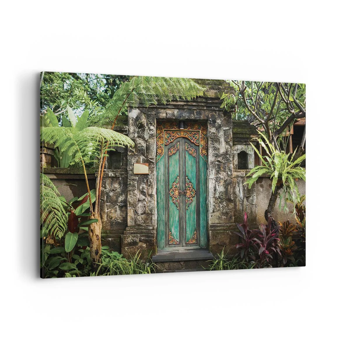 Impression sur toile - Image sur toile - Portes décoratives entourées de végétation tropicale - 120x80cm - Porte vers un monde exotique - Décoration murale moderne pour le salon et la chambre ARTTOR