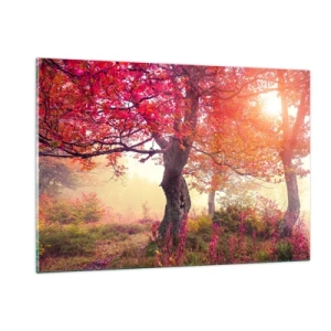 Impression sur verre - Image sur verre - Forêt d'automne avec des rayons de soleil le matin - 120x80cm - Frénésie de floraison - Décoration murale moderne pour le salon et la chambre ARTTOR